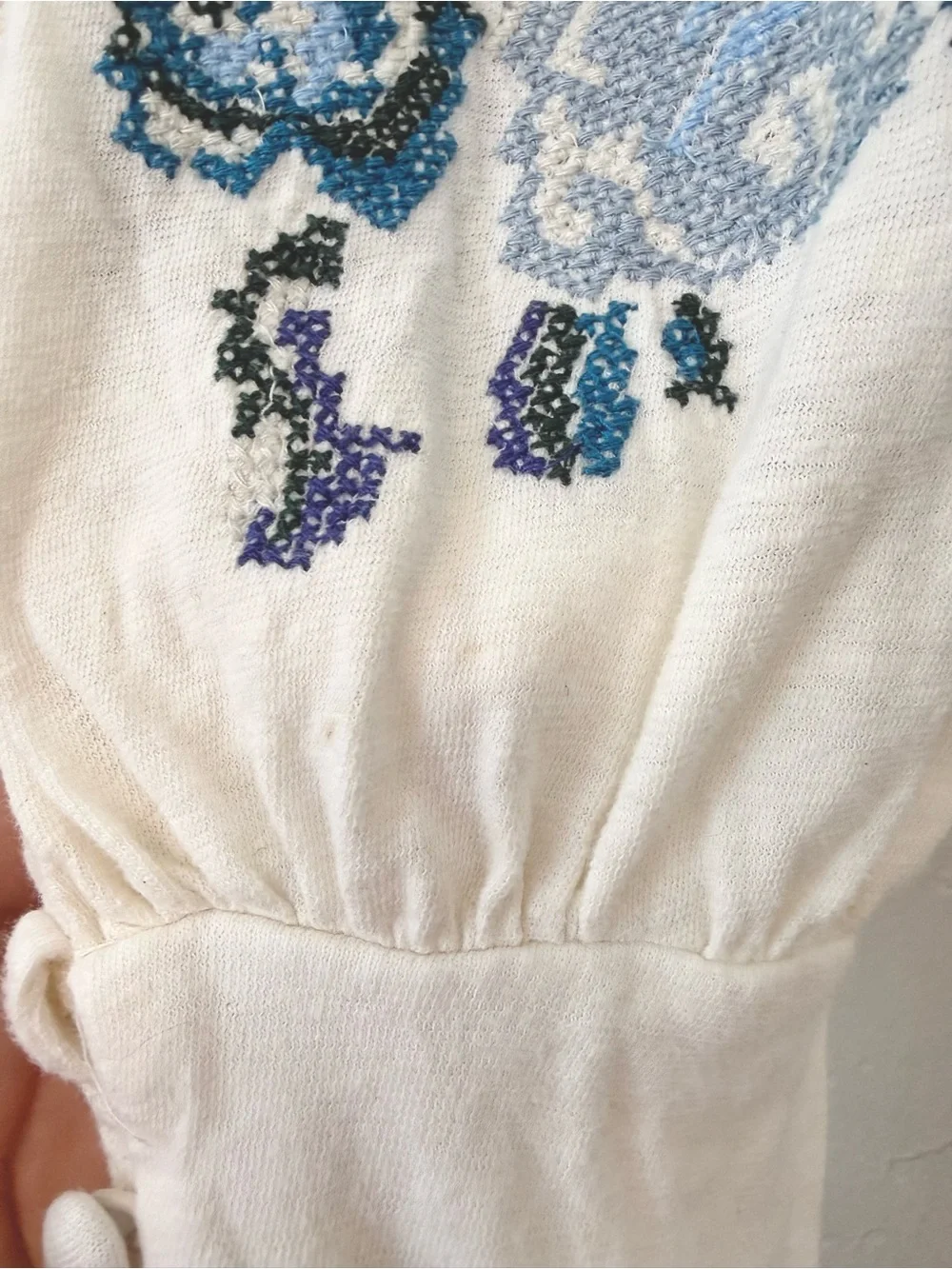 Free People Felicity Embroidered Smocked Boho Top Ivory Blue Size M